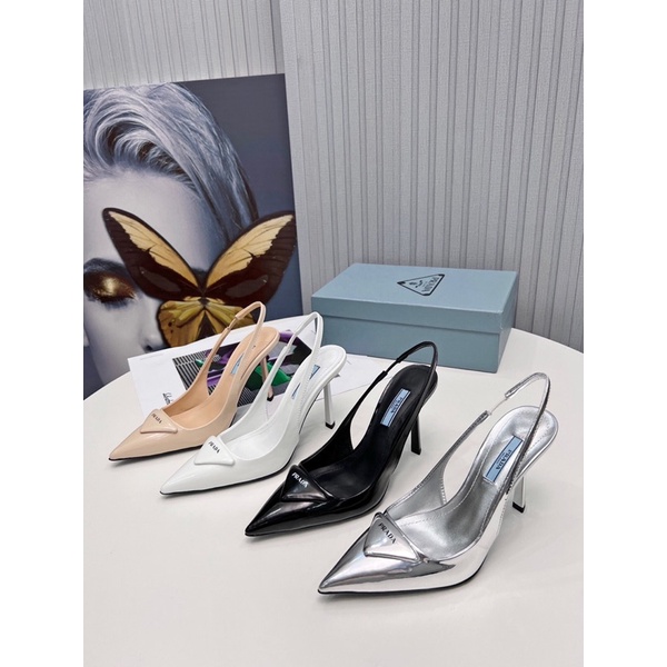 Giày cao gót 9.5cm hở gót màu trơn logo thương hiệu Prada 2022 cao cấp da thật