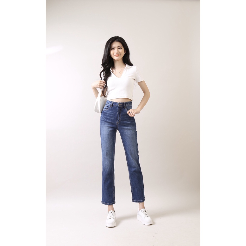 Quần Jean Nữ Ống Suông Đứng Cạp Cao gấu thường CT Jeans