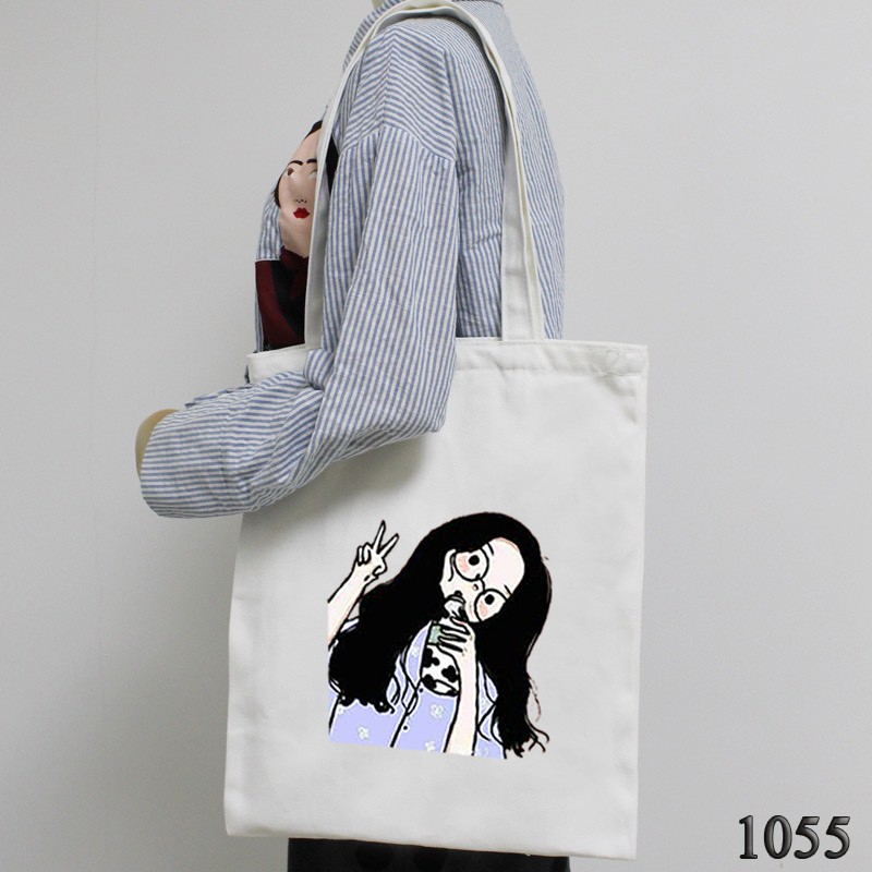 TÚI TOTE TRẮNG CHẤT VẢI CANVAS 1055 CÔ BÉ TRÀ SỮA DỄ THƯƠNG HÀNG CHUẨN ĐẸP