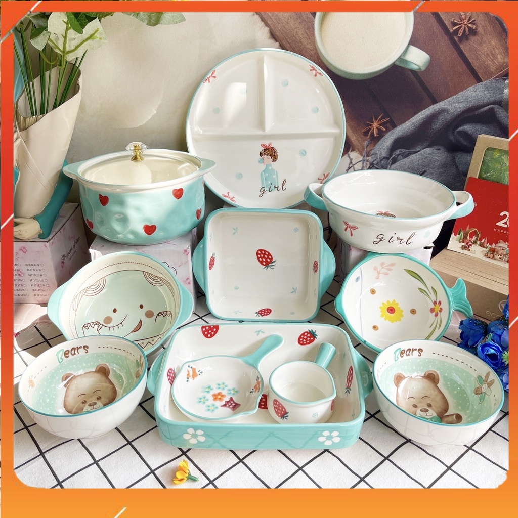 Bộ bát đĩa gốm sứ decor trang trí đồ ăn bộ xanh mint 11 món siêu đẹp
