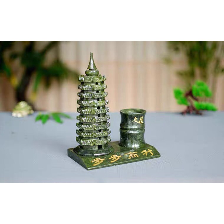 Tháp bút văn xương đá seventeen màu xanh lá, vật trưng bày phong thủy, biểu tượng trí tuệ, sáng suốt, tinh thông