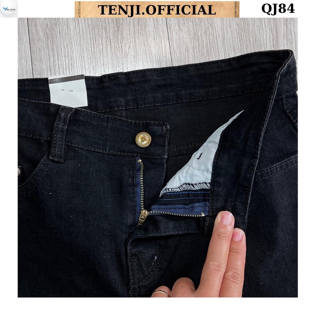 Quần jean nam TENJI QJ84 đen chất bò co dãn họa tiết khóa ngang gối kiểu dáng kinnny cá tính size (28-32+34)