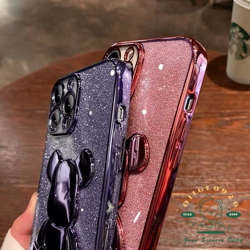 New purple electroplating violence bear Case Iphone 14 / 13 / 12 11 Proamx TPU Full soft shell with glitter card
