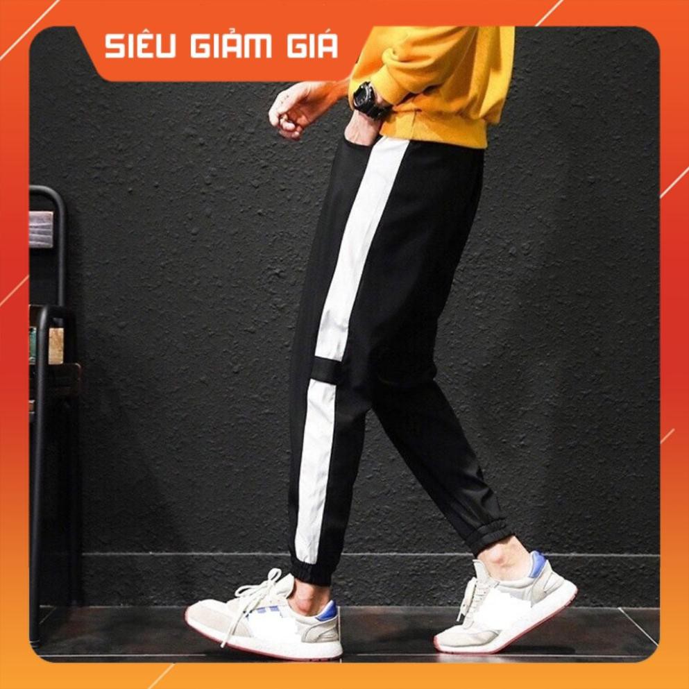 Quần Jogger co dãn 4 chiều đen sọc trắng lé vạch ngang đen ( có ảnh thật và clip review sản phẩm )