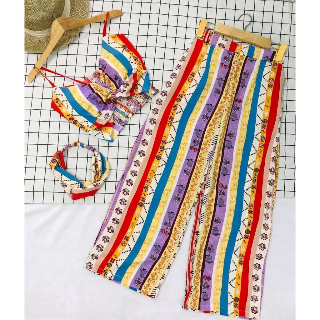 Set bộ đồ đi biển bikini quần ống rộng áo bra sang chảnh che nắng | BigBuy360 - bigbuy360.vn