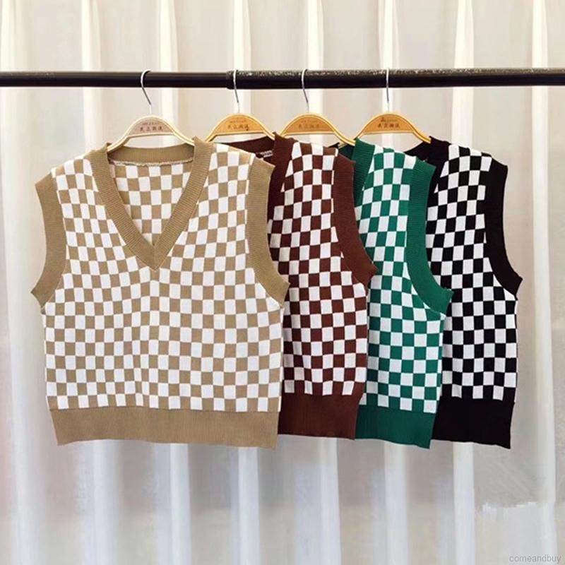 Áo len không tay cổ chữ V hoa văn kẻ ô thời trang dành cho nữ | BigBuy360 - bigbuy360.vn