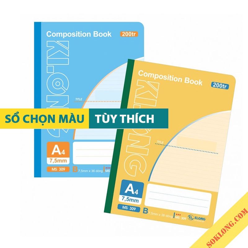 Vở A4 kẻ ngang Klong 200 trang Ms 309 [Chọn Màu] may dán gáy Compostion Book, sổ Klong