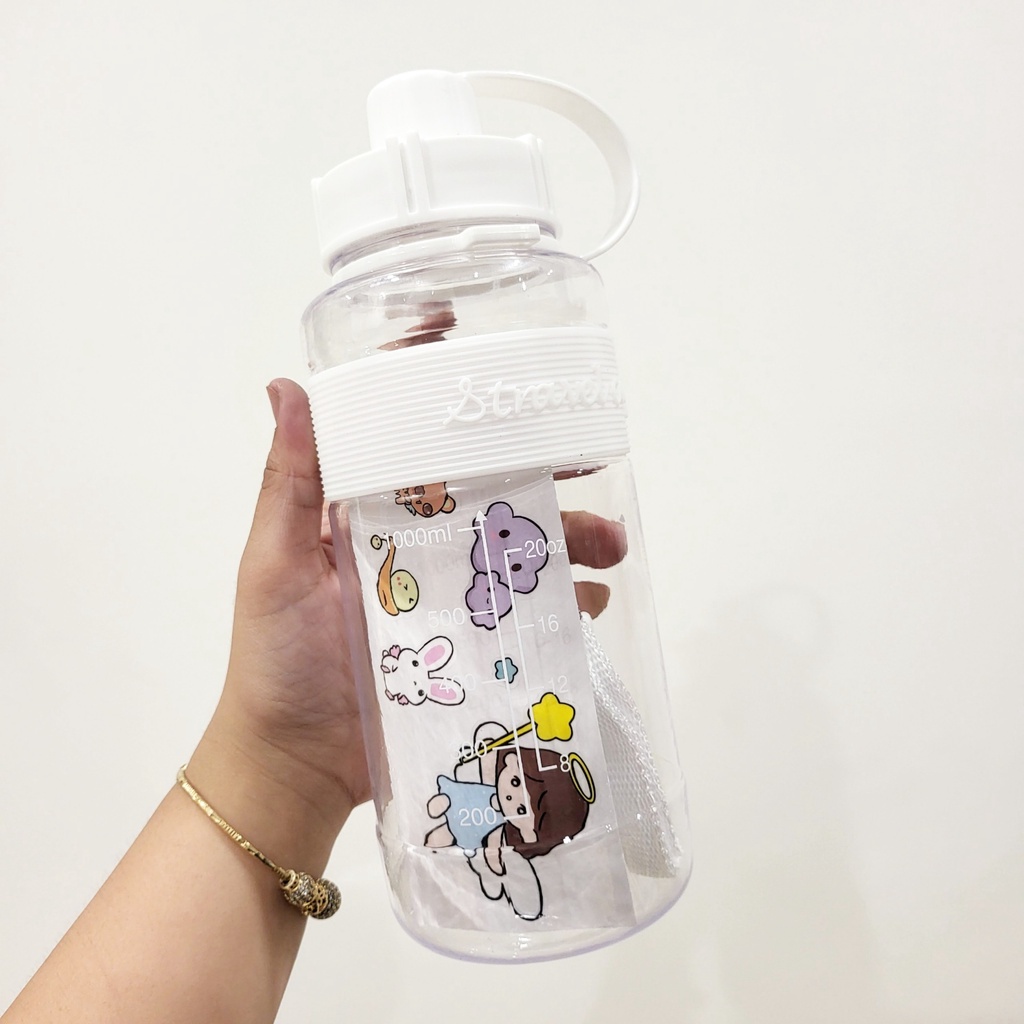 Bình Nước Sports Cup, Bình Detox 1000ml Kèm Sticker, Dây Đeo Siêu Đáng Yêu