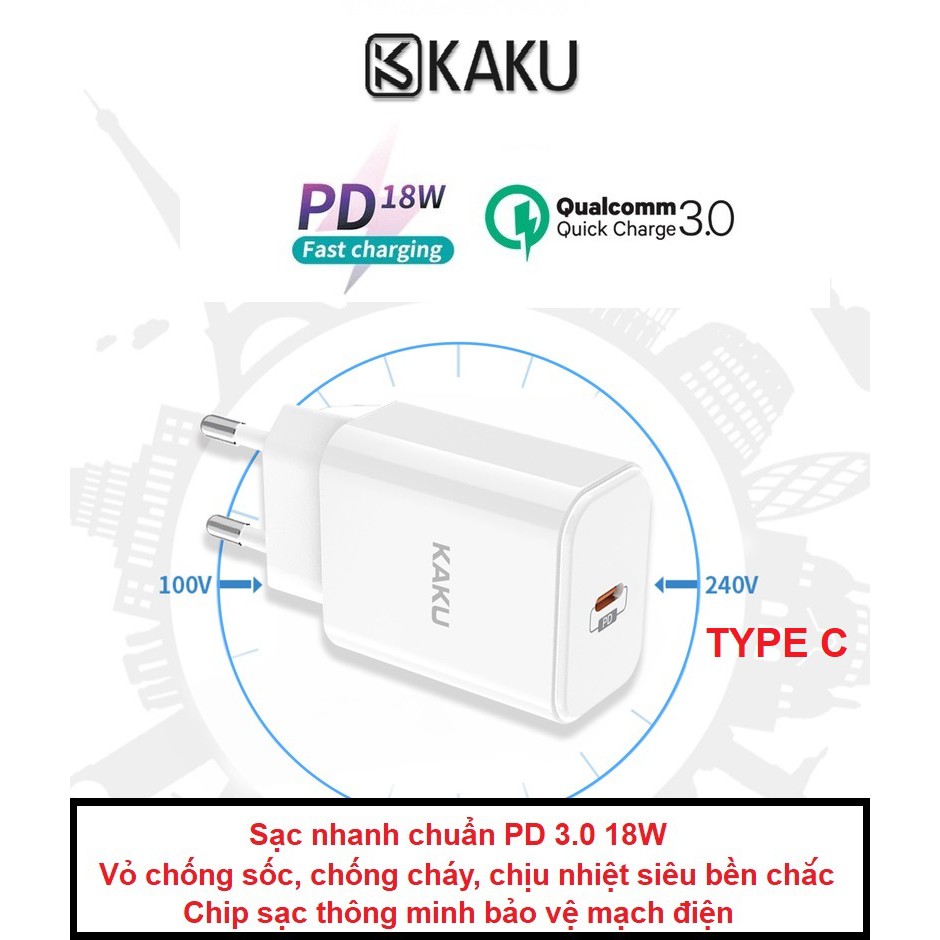 Cốc sạc nhanh chuẩn PD3.0 cổng type C KAKU - Chuẩn PD3.0 18W - sạc chống cháy cách nhiệt coc sac nhanh pd3.0