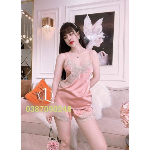 Bộ ngủ lụa hai dây viền ren chéo ngực sexy quảng châu cao cấp hàng sẵn M621