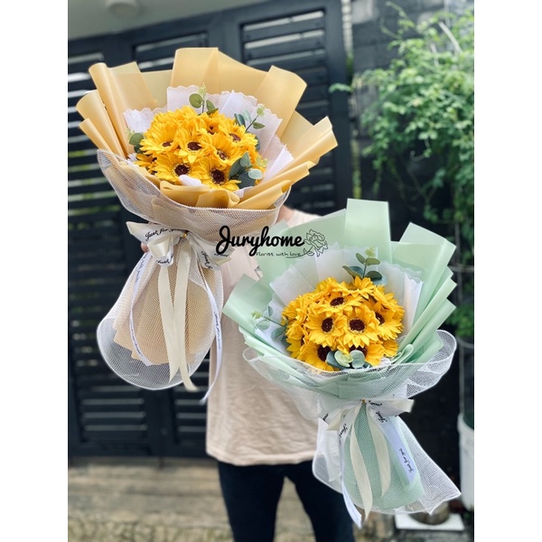 Bó hướng dương 15b kèm lá táo, bó to dài