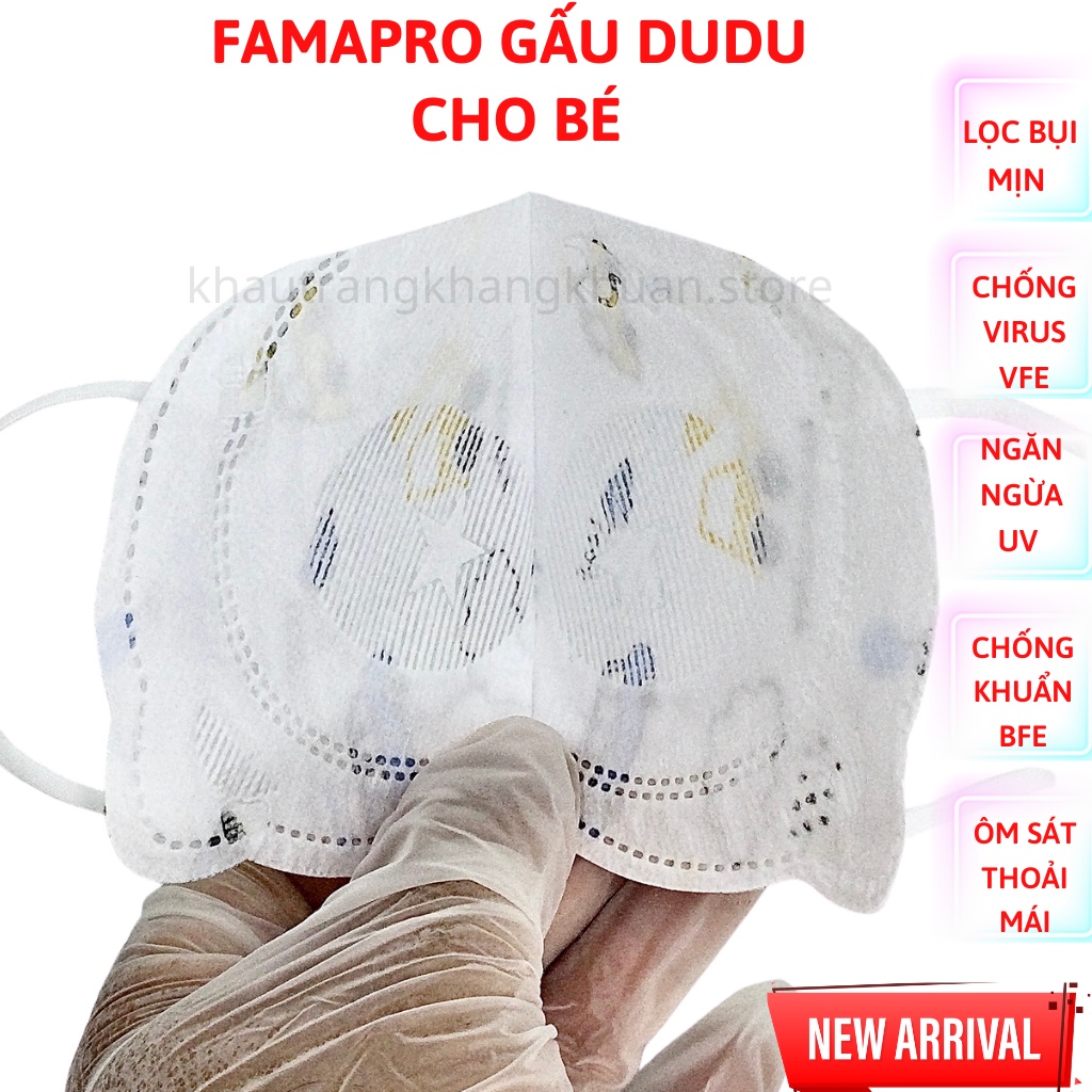 Khẩu trang 5D cho bé, khẩu trang Famapro Gấu Dudu cho bé, dễ đeo, ôm sát, không ngợp (hôp, túi 10 cái)