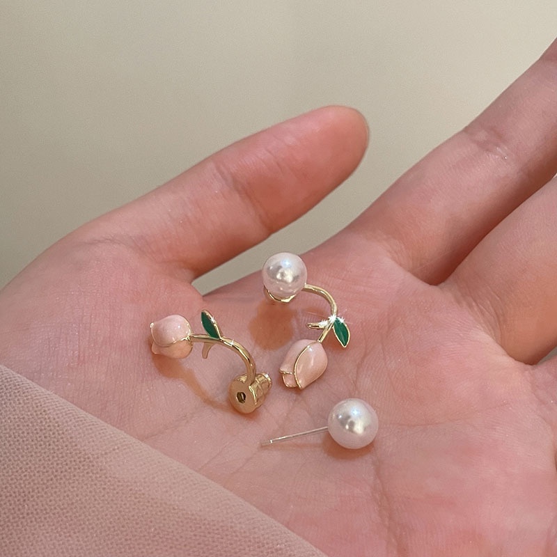 Bông Tai Mạ Bạc 925 Hình Hoa Tulip Đính Ngọc Trai Thời Trang Hàn Quốc Cho Nữ