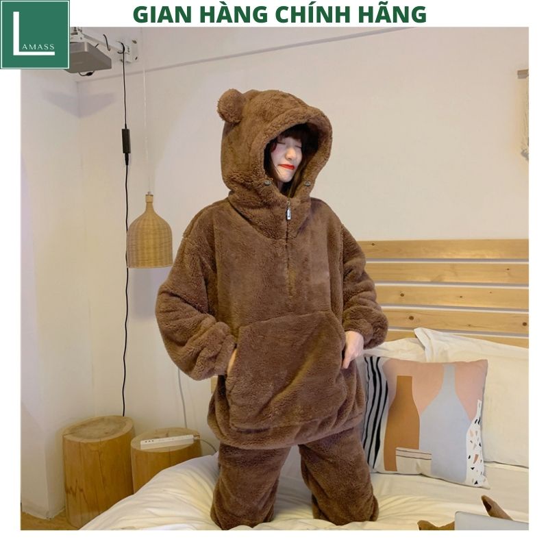 Bộ đồ mặc nhà lông gấu trơn 2 mầu nâu be ,bộ ngủ ấm áp vào mùa đông siêu cute dễ thương - LAMASS