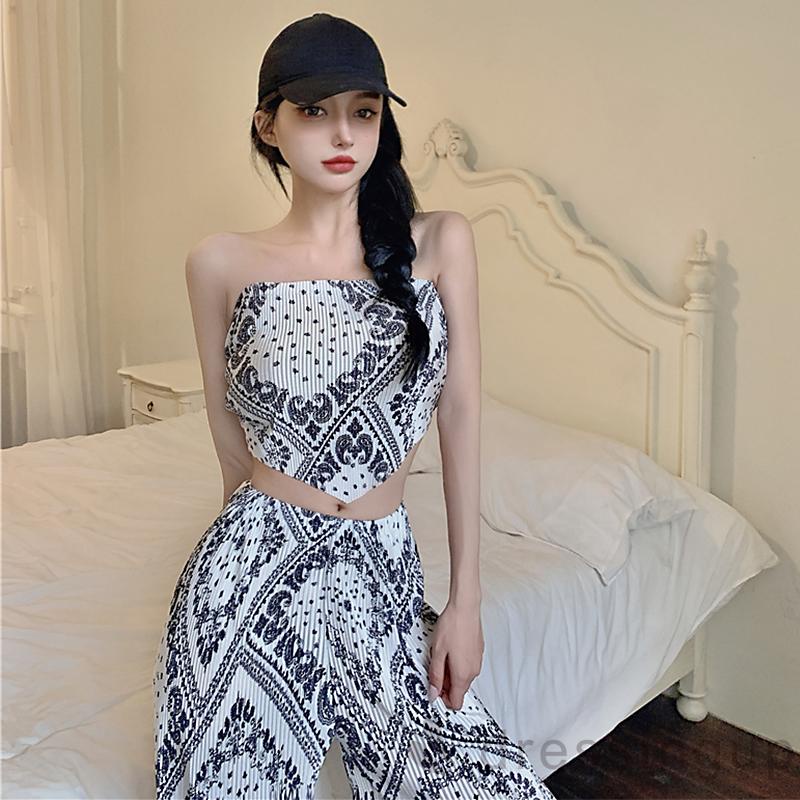 Bộ Áo Thun Cộc Tay In Họa Tiết + Quần Ống Rộng Phong Cách Cổ Điển Dành Cho Nữ