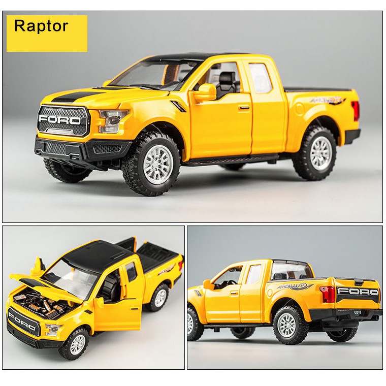 Xe mô hình ô tô Ford raptor F150 tỉ lệ 1:32 - Xe đồ chơi trẻ em bằng kim loại chạy cót có đèn và âm thanh mở được cửa