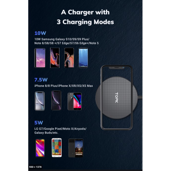 Đế sạc nhanh không dây TOPK B01W 10W cho iPhone Xs Max X 8 Plus Samsung Note 9 Note 8 S10