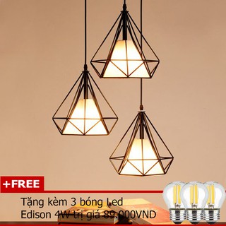 Bộ 3 đèn thả trần trang trí hình kim cương THCN09 + Tặng kèm 3 bóng đèn Led Edison 4W