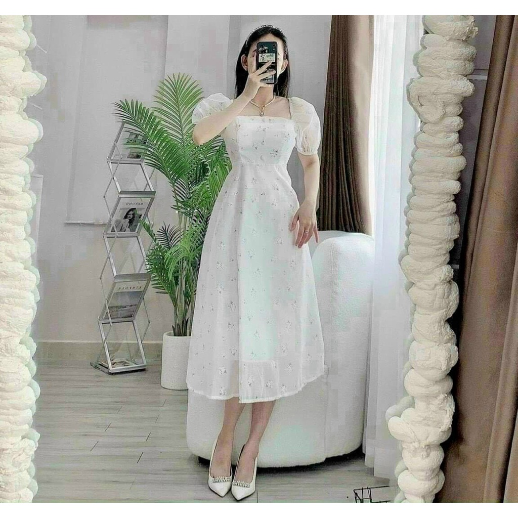 Váy hoa nhí cổ vuông vintage dáng dài tay ngắn phối nút bộc,đầm dự tiệc cưới công chúa sang chảnh xinh đẹp