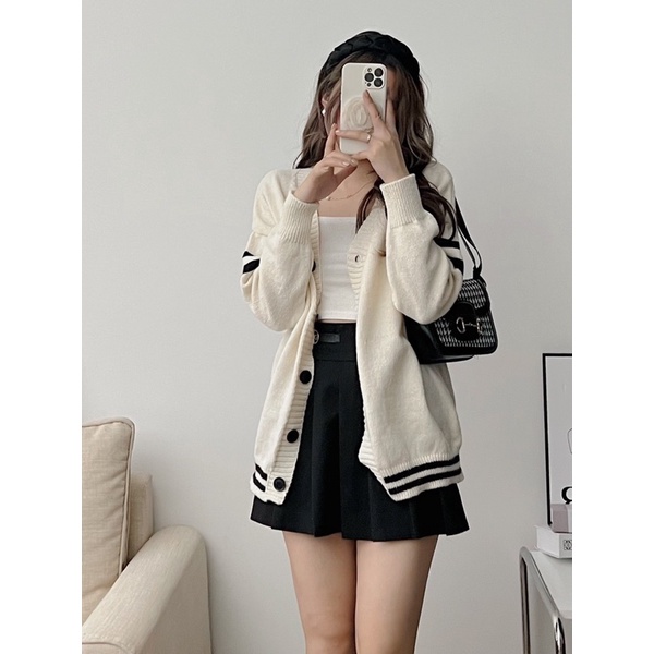 Áo len cardigan tay kẻ ngang dáng dài