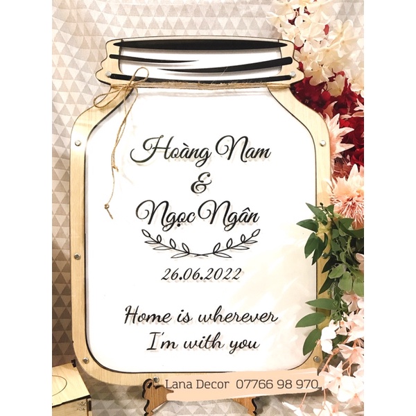 Bình thả tim gỗ, hũ thả tim đám cưới hiện đại, bình thả tim ký tên chúc phúc kỷ niệm ngày cưới