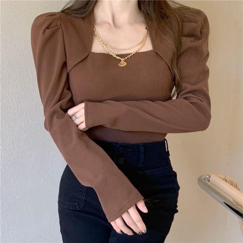 Áo Thun COZOK Tay Dài Cổ Vuông Màu Trơn Dễ Phối Đồ Hợp Thời Trang