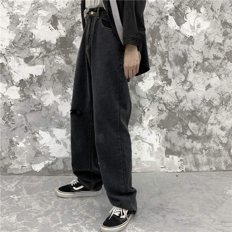 Quần Baggy jean nam nữ ống rộng (xám rách gối )- Phong cách hàn quốc