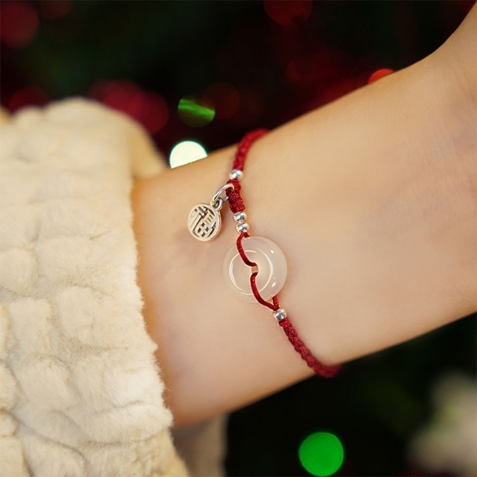 Vòng Đeo Tay May Mắn Bện Dây Đỏ Bằng Đá Chalcedony Tự Nhiên An Toàn