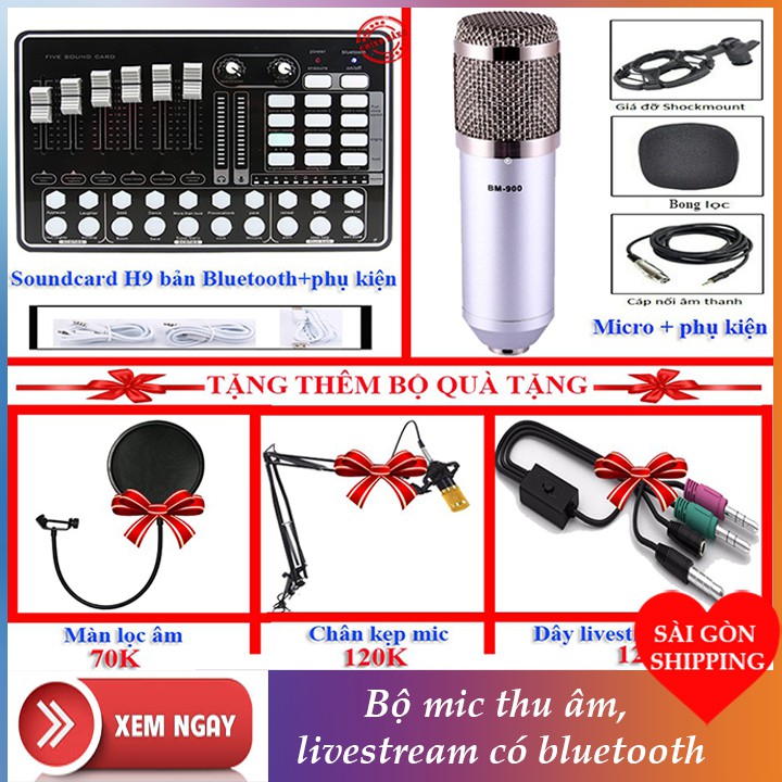 Bộ Mic Thu Âm, Karaoke, Livestream Có Bluetooth Hay  (Trọn Bộ Souncard K9H9, Mic bm900)