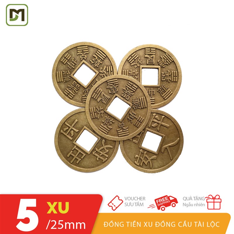 Combo 5 đồng tiền xu phong thủy size 25mm 40mm 60mm bằng đồng