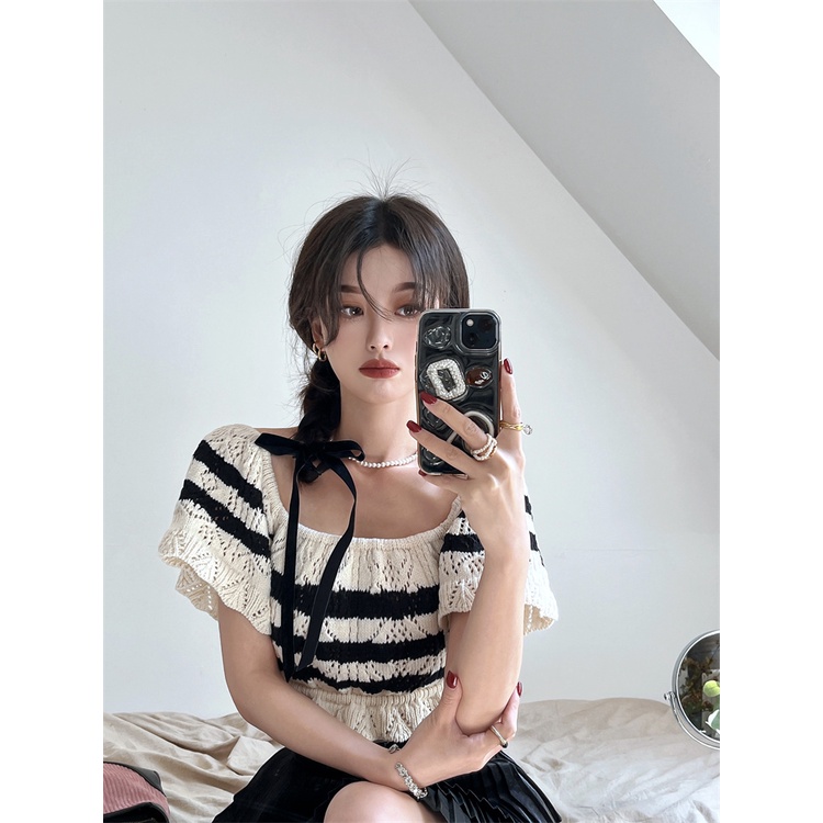 Porozi  Áo sơ mi croptop dệt kim  ngắn tay cổ vuông họa tiết kẻ sọc thời trang Hàn Quốc cho nữ