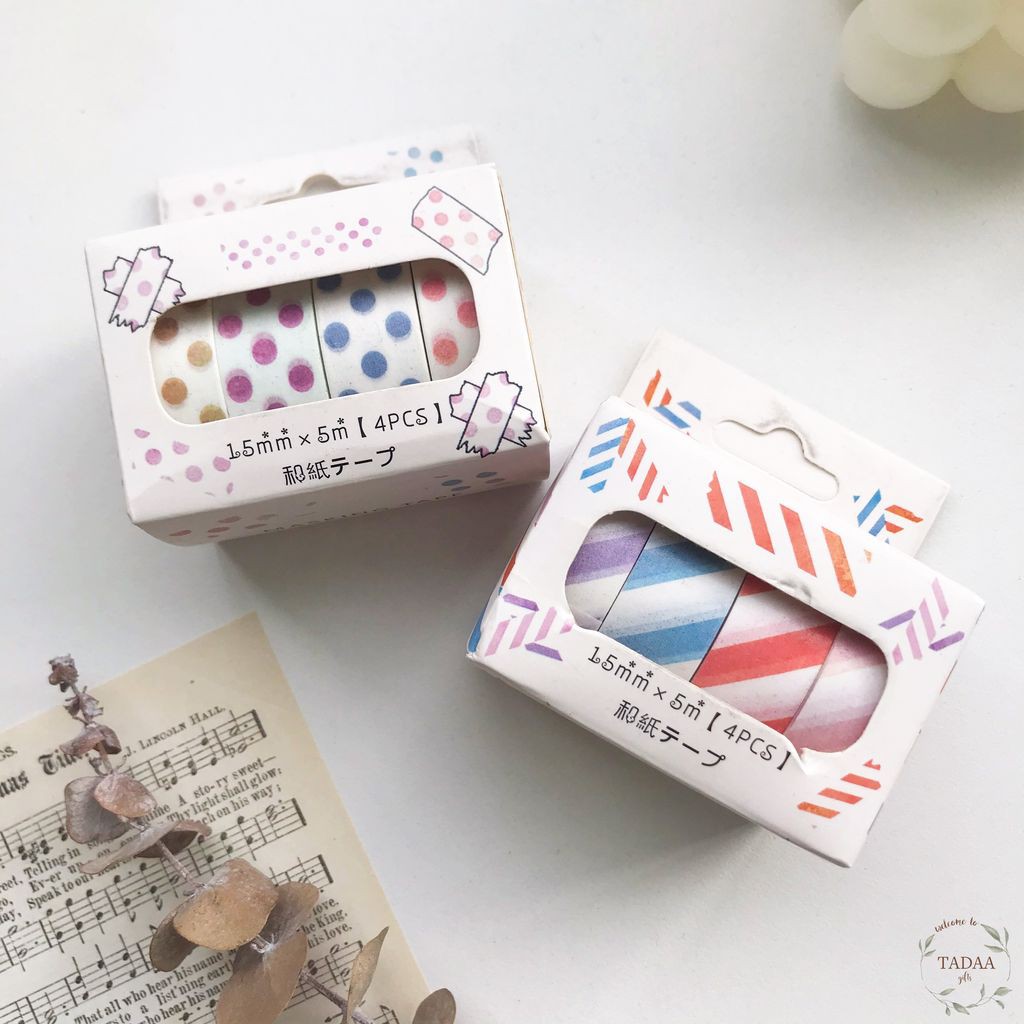 Set 4 washi tape chấm bi và kẻ sọc nhiều màu sắc