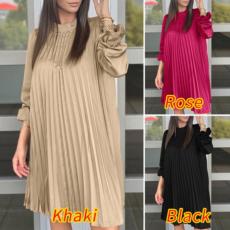 Đầm midi ZANZEA tay phồng cổ chữ O xếp ly phong cách vintage thời trang cho nữ