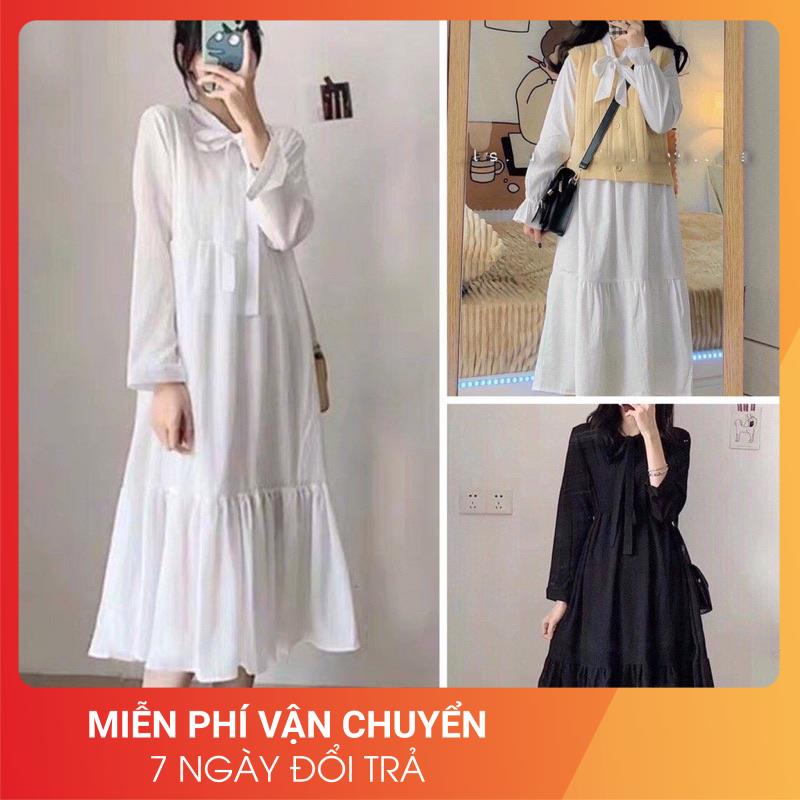 Váy dài nơ cổ tiểu thư 24April 🌸 Váy dài kiểu dáng Hàn Quốc