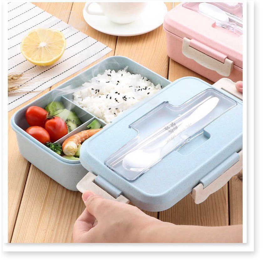 Hộp đựng cơm lúa mạch 3 ngăn giữ nhiệt tốt hâm nóng được trong lò vi sóng tặng kèm đũa thìa inox