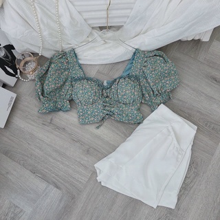 Set croptop hoa cúp ngực đan dây+ short