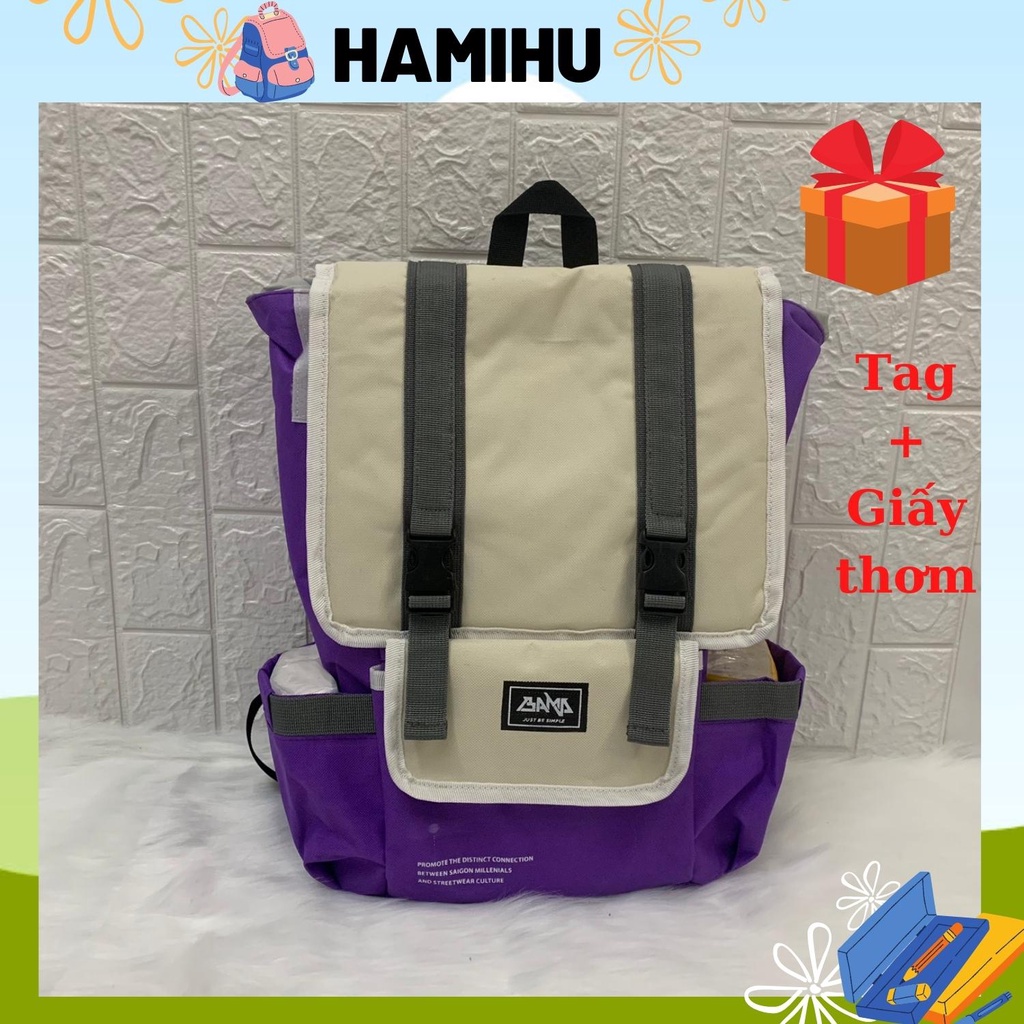 Balo thời trang bama, balo đi học Hamahu HM9, balo Ulzzang màu tím/vàng/ đen