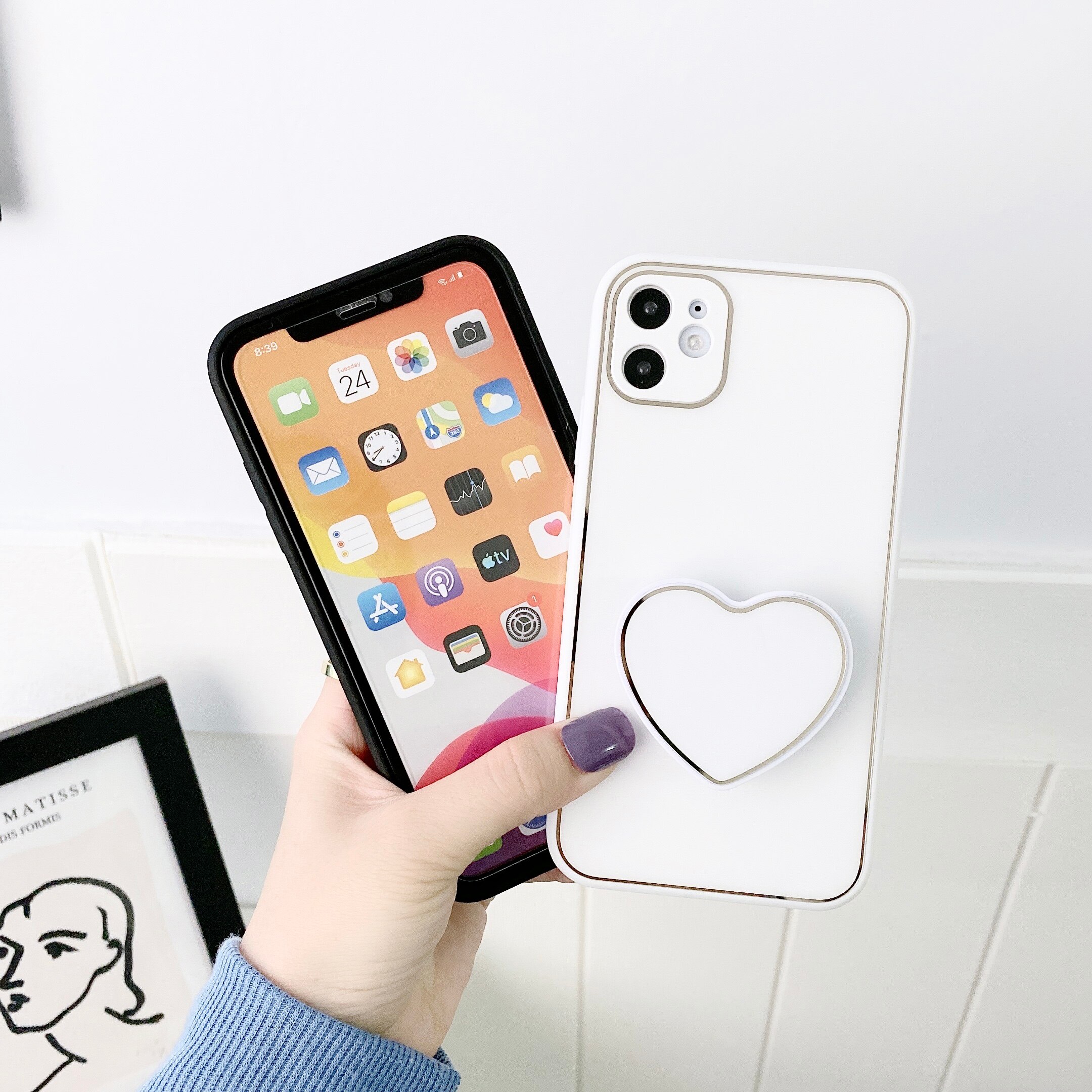 Luxury Plated Gold Heart Holder Case for iPhone 12 Pro Max Silicone Grip Stand Socket Cover for iPhone XR X XS SE 2020 7 Plus 8