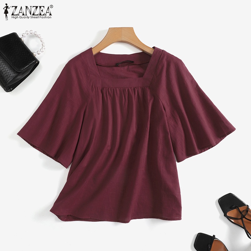 Zanzea Áo Kiểu Cổ Vuông Tay Loe Màu Trơn Phong Cách Bohemian Dành Cho Nữ