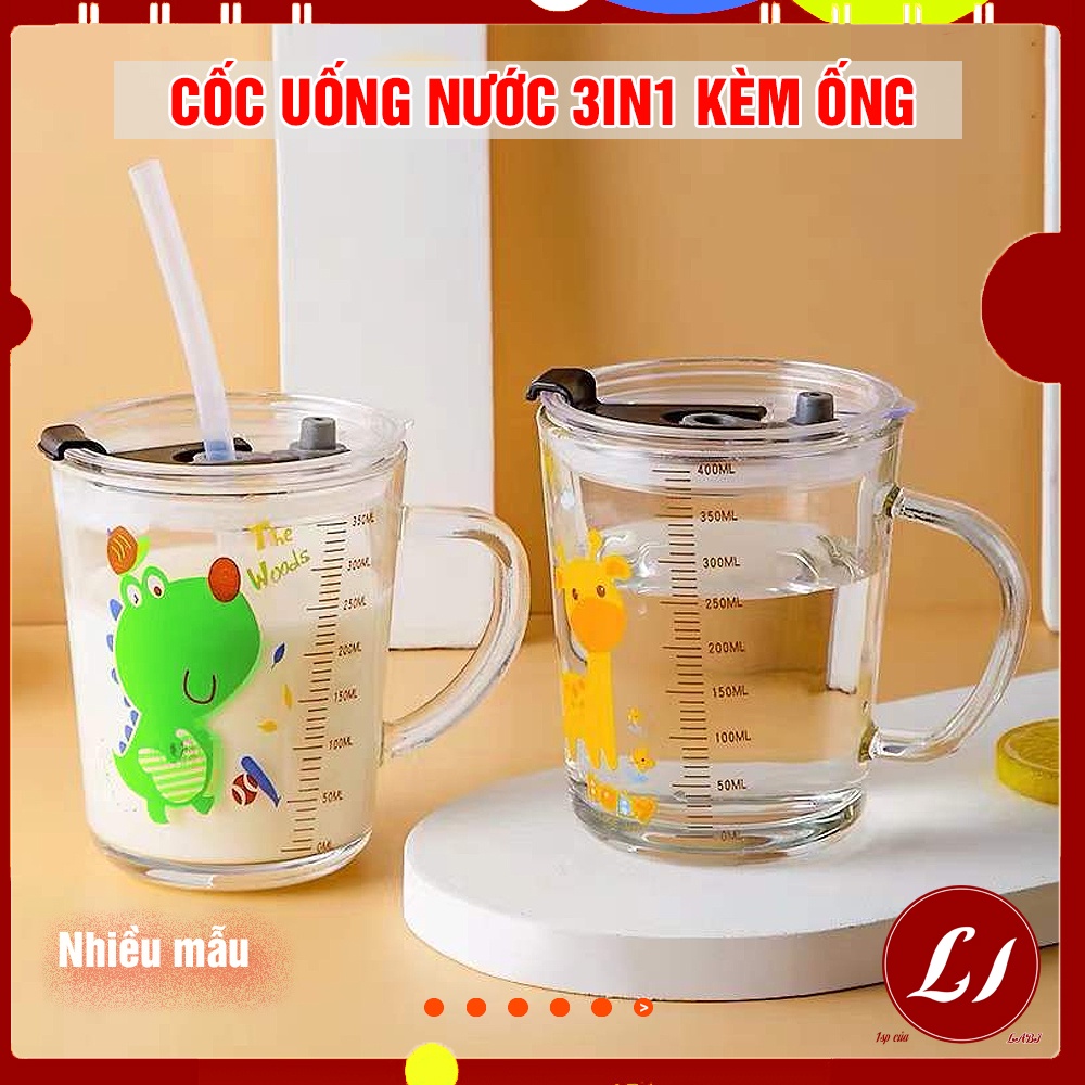 Cốc uống nước kèm ống hút có chia vạch tiện lợi (350ml) loại thủy tinh