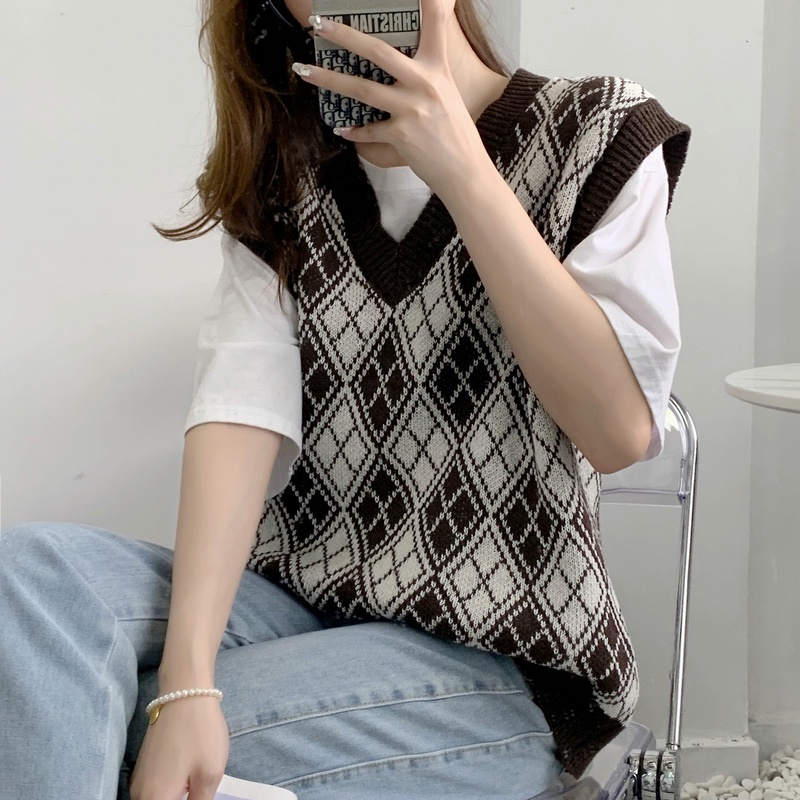 SUXI Áo Len Nữ Không Tay Cổ Chữ V Form Rộng Theo Phong Cách Vintage Đơn Giản