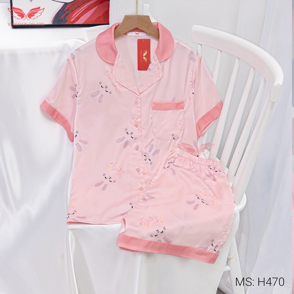 Đồ Bộ Nữ Pijama Mặc Nhà VINGO Chất Liệu Lụa Pháp Cao Cấp Tay Cộc Quần Cộc Thỏ Ngọc Màu Hồng Xuân Hè H470 VNGO