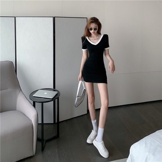 váy thun body cổ tim phối viền