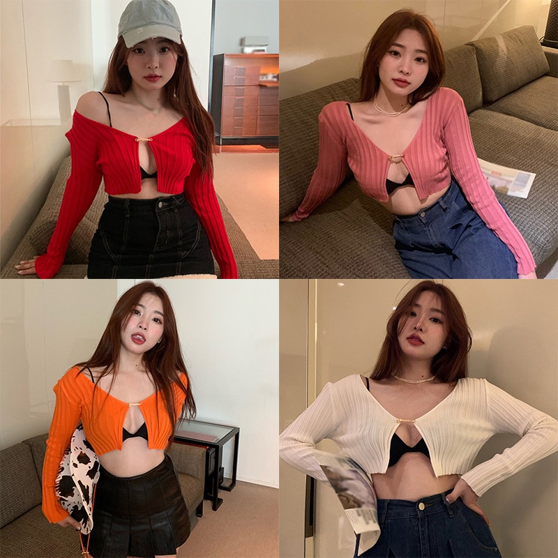 Áo Croptop Dệt Kim Tay Dài Cổ Chữ V Khoét Sâu Màu Sắc Thanh Lịch Cho Nữ