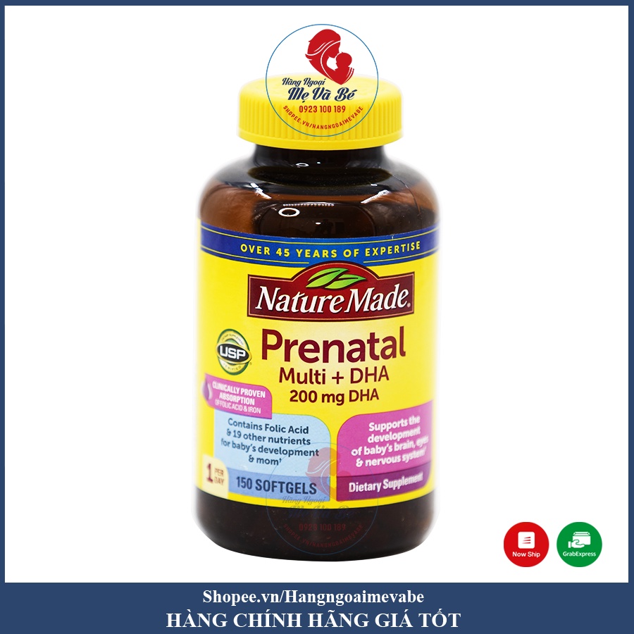 Vitamin bà bầu, Vitamin tổng hợp Bầu Mỹ Nature Made Prenatal Multi + DHA 150 viên [Date 09/2023]