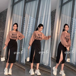 Chân váy thun gân midi xẻ đùi