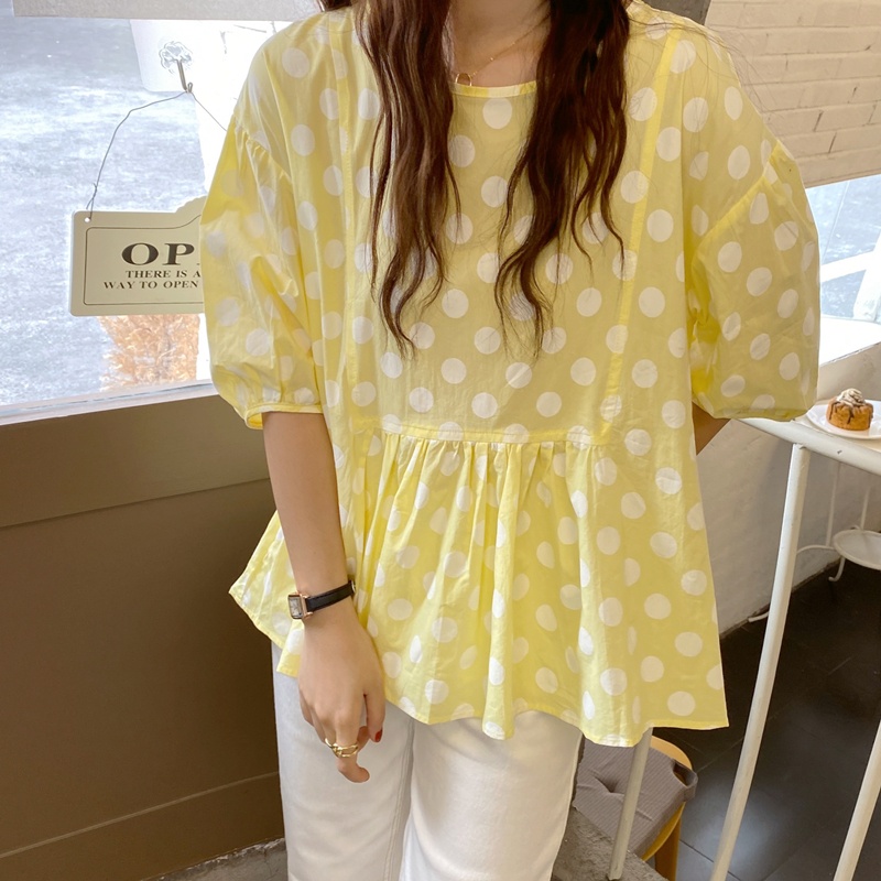 IELGY Áo Sơ Mi Cổ Tròn Tay Ngắn Dáng Rộng In Họa Tiết Chấm Bi Màu Vàng Phong Cách Hàn Quốc Cho Nữ