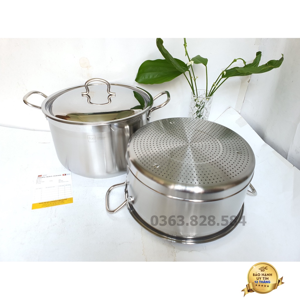 Bộ Nồi Xửng Hấp 3 Đáy Inox FIVESTAR Nắp Kính - Size 26 - 28 - 30 - 32cm - Bảo Hành 5 Năm