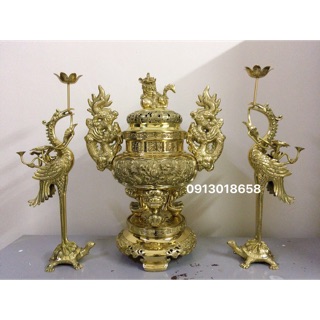 Bộ đỉnh lư hương thờ bằng đồng cao cấp 60 cm, bộ đỉnh thờ tam sự đỉnh hạc 60cm
