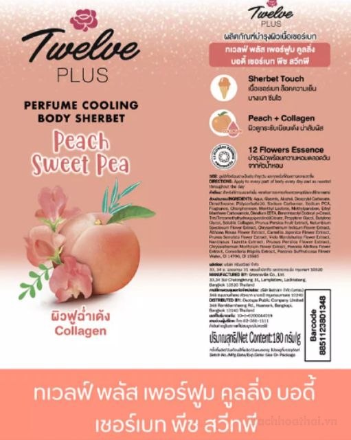 Tuýp 180g dưỡng da hương nước hoa Twelve Plus Perfume Cooling Body Sherbet peach sweet pea (đào tươi)